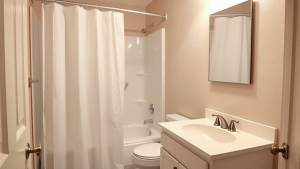Basic bathroom needing spa transformation on a budget, plain setup.