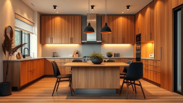 Cozy kitchen with wooden cabinets and black chairs in a modern setting