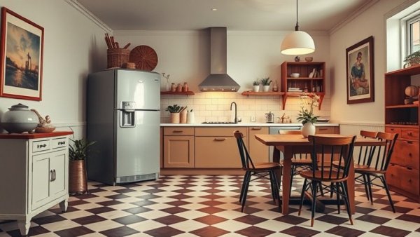 Chic kitchen and dining area with unique checkerboard tile pattern, stylish decor.