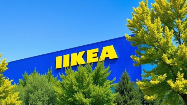 Bright blue IKEA building with large yellow logo under a clear blue sky.