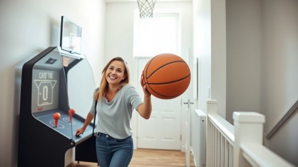 Woman enjoying a basketball game in transformed upstairs landing space.