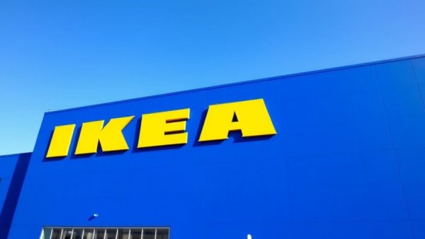 IKEA store facade with bold yellow logo against bright blue background.