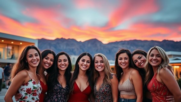 Group of women smiling together at sunset in Palm Springs for team retreat.