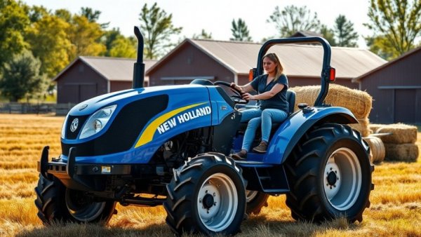 New Holland compact tractor lifting hay in sunny farmland.