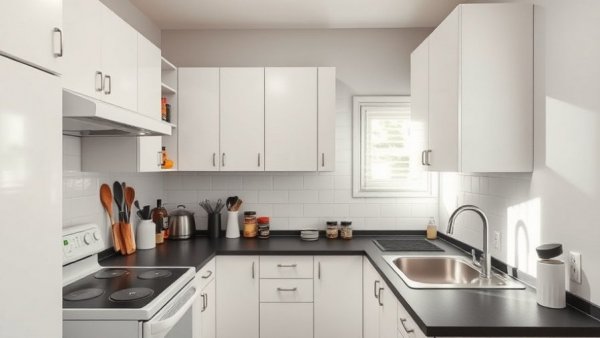 Modest kitchen with white cabinets, dark countertops, neat layout.