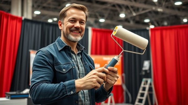 Man demonstrating with paint roller at trade show booth, fast-drying and eco-friendly paints.