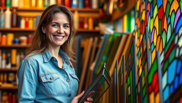 Woman choosing stained glass for building stained glass doors.