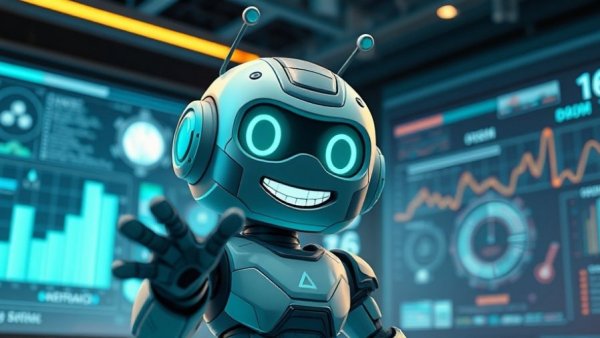 Futuristic cartoon robot with graphical background