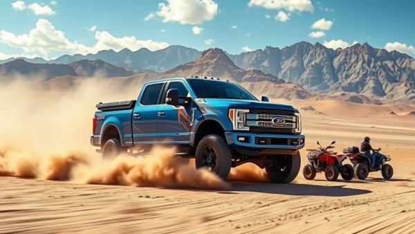 2027 Ram Power Wagon with Cummins turbo diesel engine towing ATVs in desert.