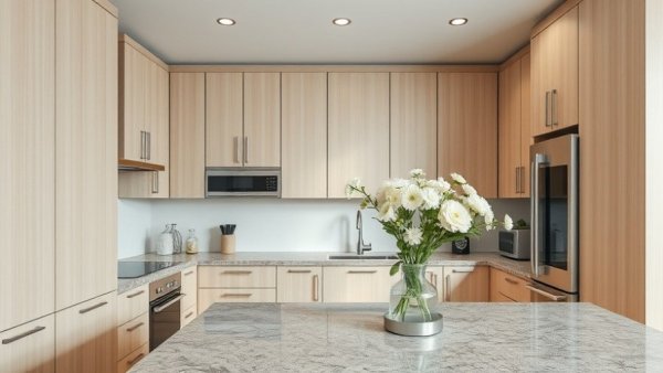 Modern kitchen with best-selling IKEA vase on granite countertop.
