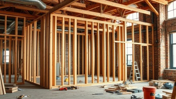 Home under renovation with exposed framing and construction materials.