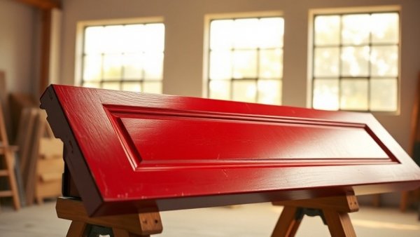 Spray painting doors techniques: red door with glossy finish indoors.