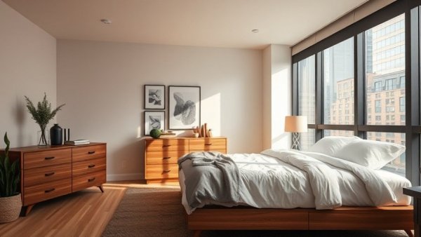 Modern bedroom with wooden dresser and elegant decor in an urban setting.