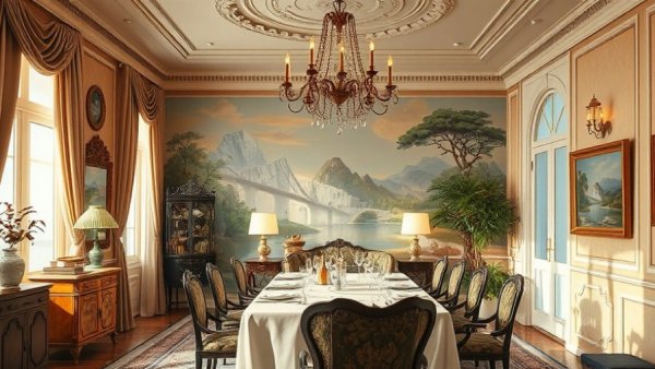 Elegant dining room with landscape mural and chandelier, Wall Mural Installation Tips