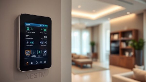 Close-up of modern home security system control panel display.