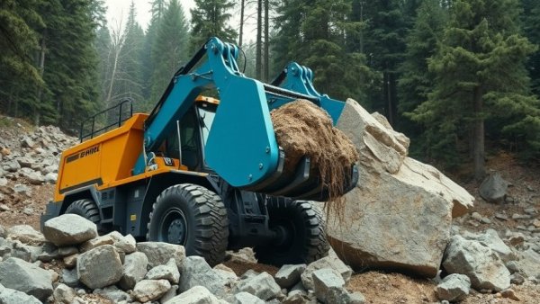Construction vehicle with HDX rock grapple bucket in action