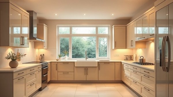 Modern kitchen makeover ideas with elegant beige cabinetry.