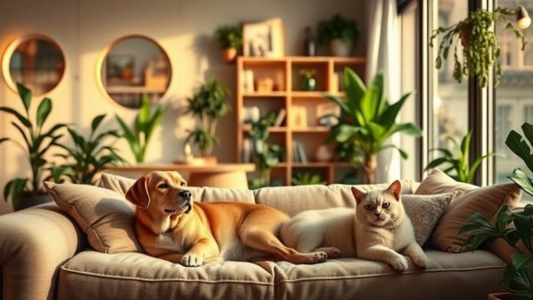 Cozy living room interior improving indoor air quality for pet owners.