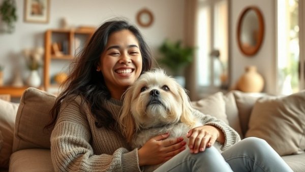 Young woman balancing personal life and parenting, enjoying a cozy moment with her dog.