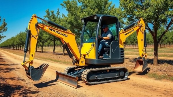 New Holland mini excavator operating in an orchard with clear sky.