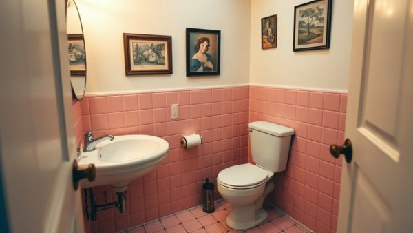 1930s bathroom with pink tiles and retro fixtures before renovation.