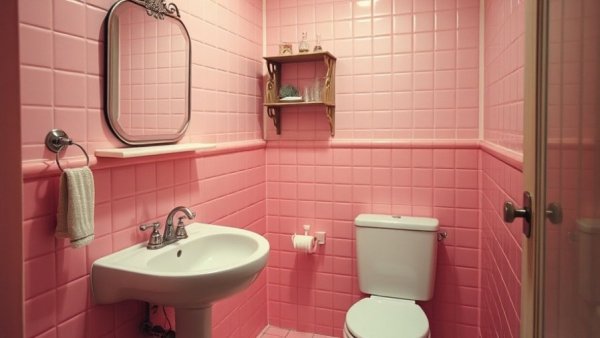 Vintage 1930s bathroom with pink tiles and fixtures.