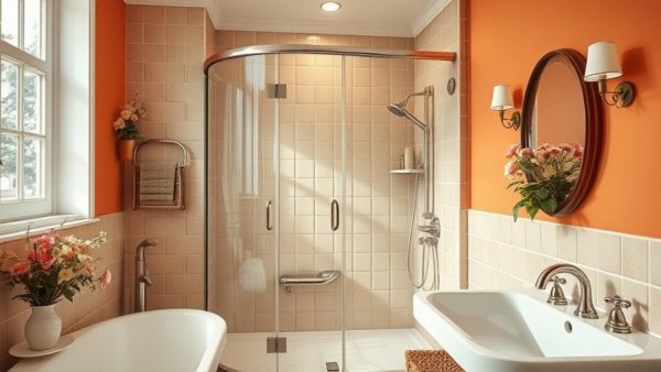 Vintage bathroom with beige tiles and elegant shower for DIY bathroom tile makeover.