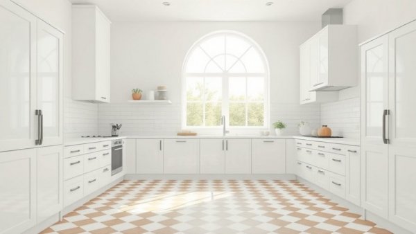 Minimalist kitchen before cozy makeover with checkered floor.