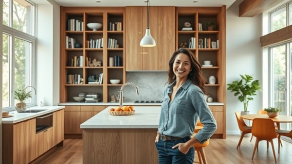 Modern kitchen with DIY built-in bookcase project in the background.