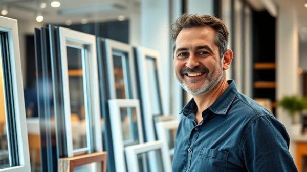 Smiling man in window showroom highlighting window types.