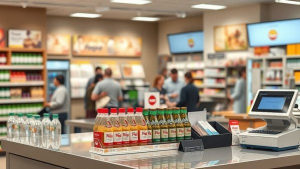Retail store counter with sample bottle display in a busy shopping area.