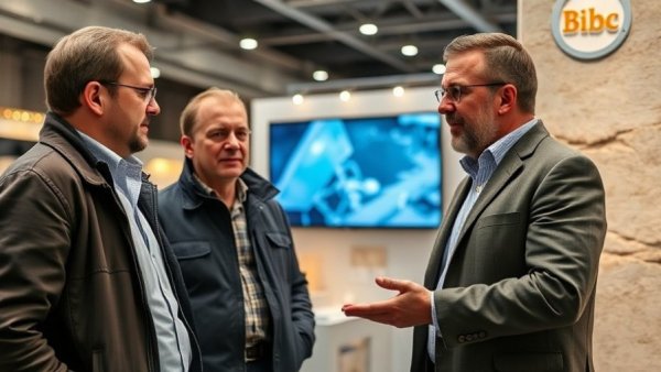 Discussing benefits of artificial stone in construction at an exhibition.