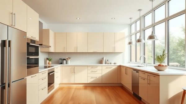Modern kitchen with beige cabinets and wooden floor, appealing design.