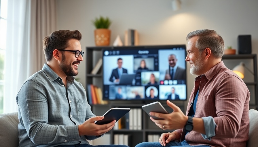 Two men video conferencing discussing smart lighting in a home office.