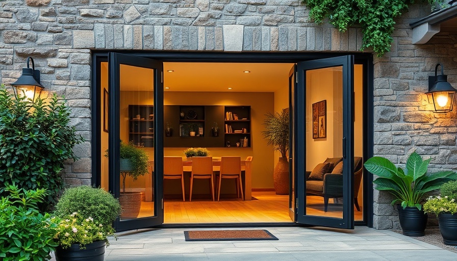 Contemporary bi-fold doors installation on stone wall with patio plants.