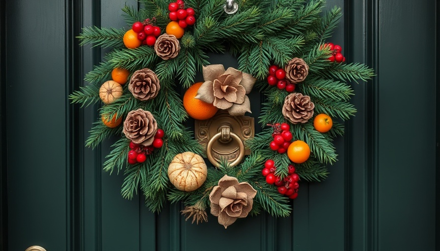 Christmas wreath on green door with holiday decor.