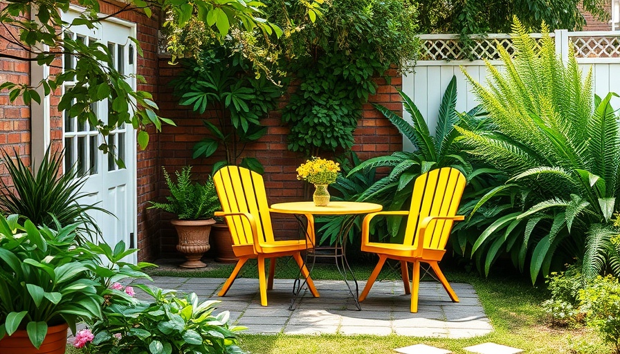 Outdoor garden seating area with yellow chairs.