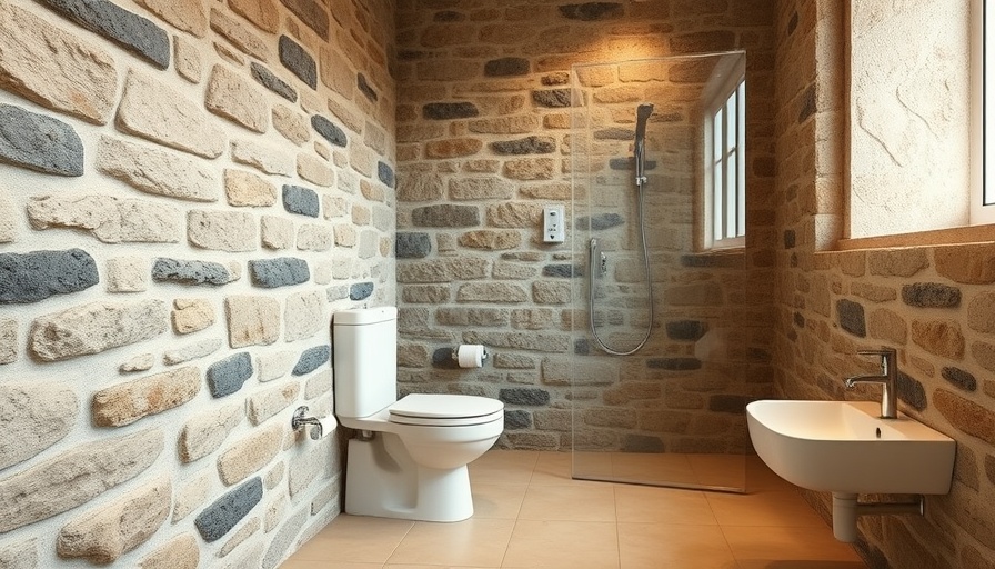 Victorian bathroom makeover before image with stone walls and tile floor.