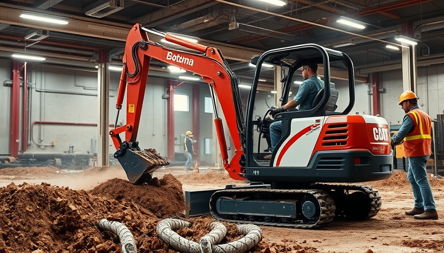 Construction workers using electric mini excavators indoors.