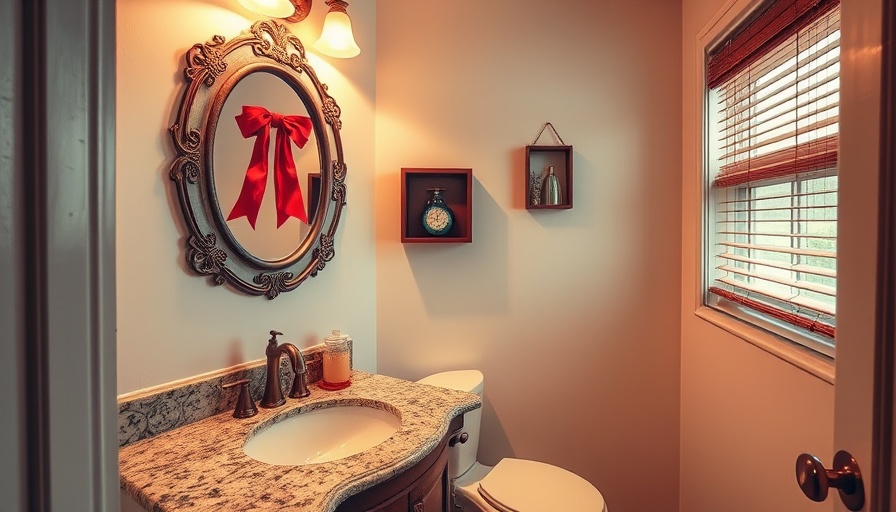 Cozy budget-friendly bathroom with granite countertop and red accents.