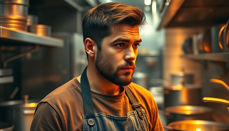 Young chef in kitchen with shiny surfaces.
