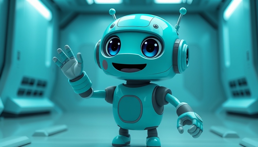Playful teal robot in futuristic setting illustrating technology.
