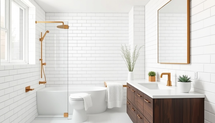 Modern bathroom with white tiles and dark wood vanity, Bathroom finishes to avoid.