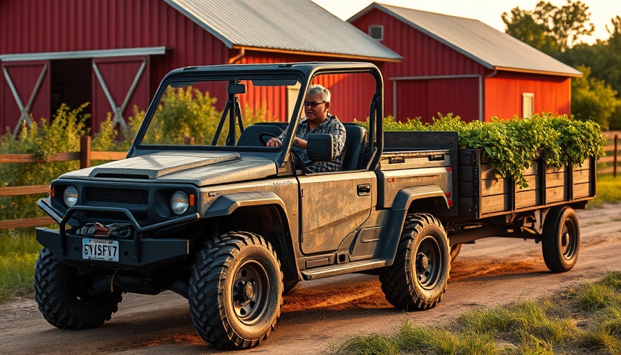 Polaris Ranger 500 pulling a foliage-laden trailer near a rustic barn.