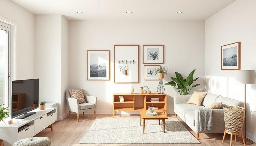 Modern coastal living room with DIY coastal key holder on gallery wall.