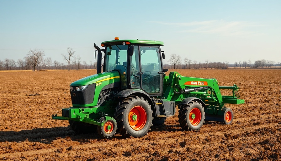 Compact tractor implements on green tractor in farm field.