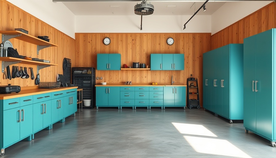 Modern garage with painted concrete floor and teal cabinets.