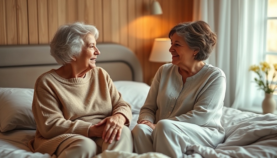 Women chatting in cozy bedroom with soft lighting.
