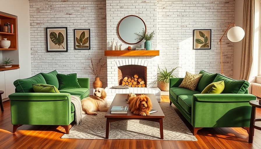 Cozy living room with green sofas and dogs, fall fashion essentials theme.