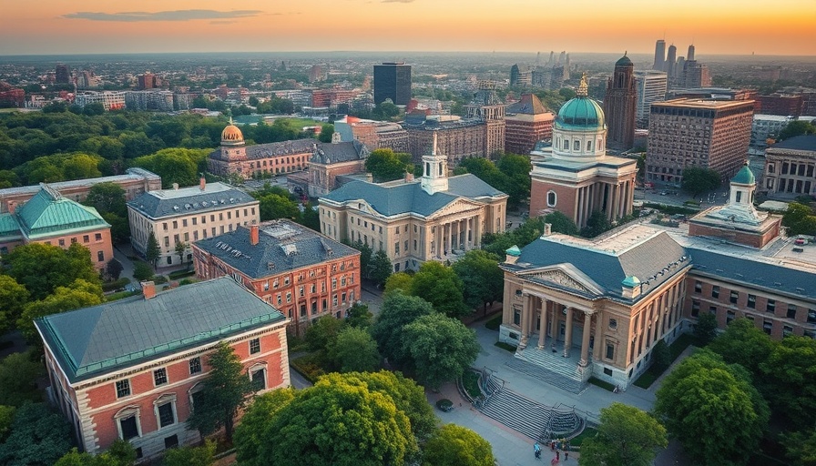 Columbia University campus aerial view, iconic buildings, urban backdrop at dusk.